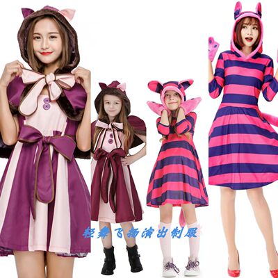 爱丽丝紫色笑脸猫亲子cos服