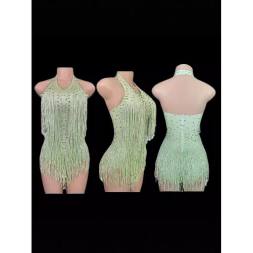 Women's Sleeveless Fringe Beaded Bodysuit Crop Top Dance