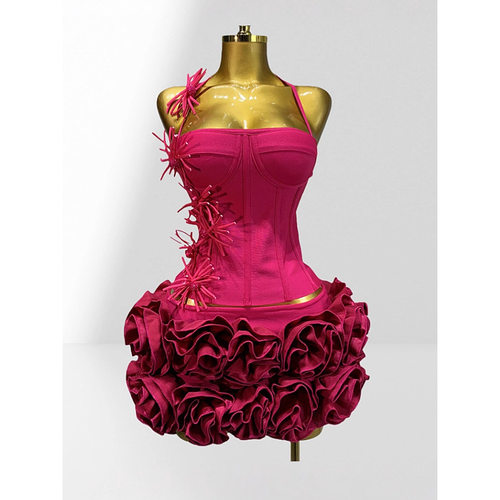 Women Crop Top with Necktie Floral Bubble Skirt Set