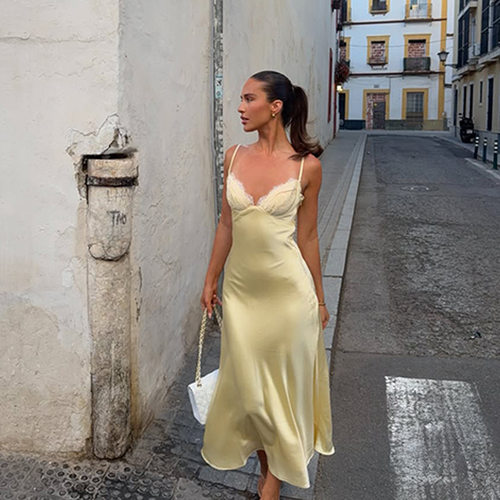Cream Yellow Satin Sheer Lace Trim Fitted Adjustable