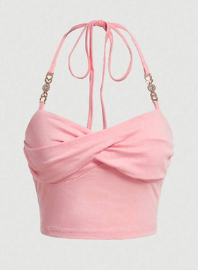 亚马逊跨境女装粉红色性感吊带背心2025春夏新款短款挂脖美背上衣