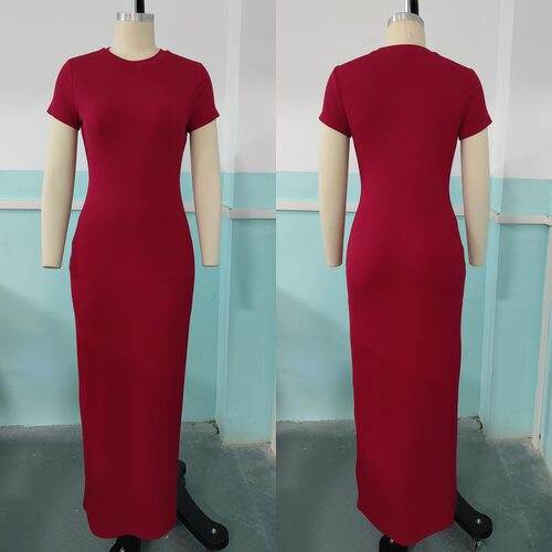 Women's Stretch Ribbed Bodycon Long Dress Round Neck Solid