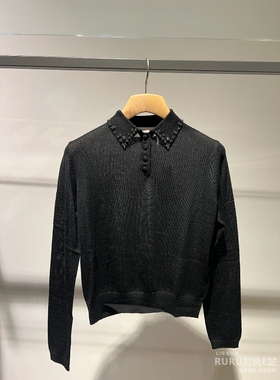 意大利正品代购 iblues 25秋冬MIRELLA 女士通勤贴钻polo领针织衫