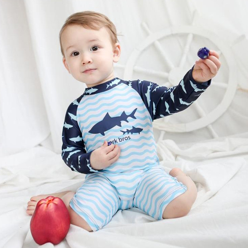 儿童泳衣男孩韩国2023新款连体长袖可爱卡通中小宝宝长袖防晒泳装