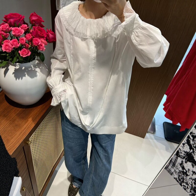 套头蕾丝拼接长袖衬衫