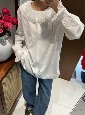 欧洲站2026春季新款白色荷叶边蕾丝娃娃领长袖衬衫女氛围感上衣超
