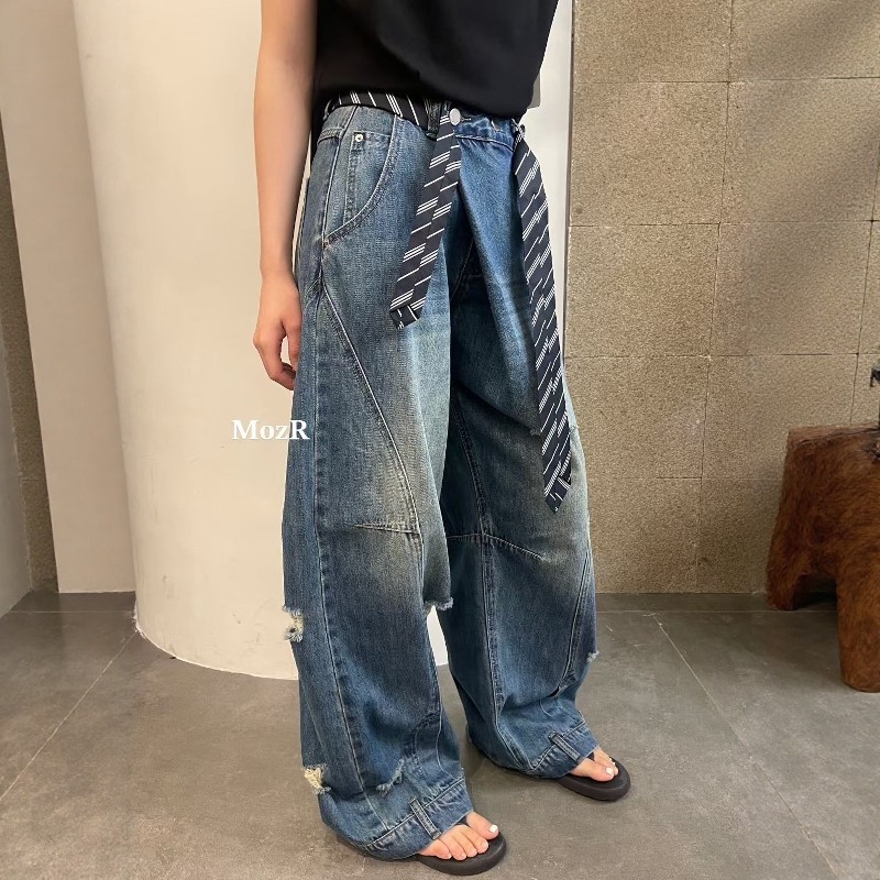 欧洲站2025秋季新款街头个性设计感破洞拼接休闲宽松阔腿牛仔裤女,女装/女士精品,牛仔裤,淘宝优惠券,粉丝福利购,淘宝优惠卷