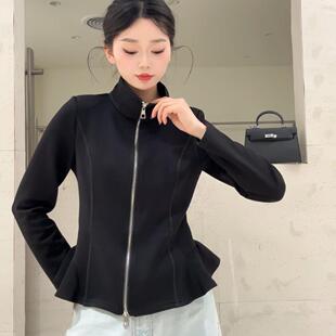欧洲站2025春季新款欧货立领短款拉链太空棉开衫女时尚鱼尾摆外套