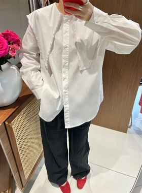欧洲站2026春季新款淑女风白色翻领长袖衬衫女百搭宽松打底衫上衣