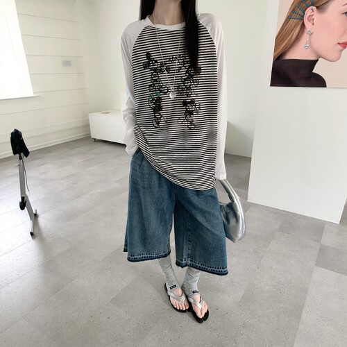 欧洲站2026夏季新款卡通黑白条纹长袖T恤女宽松印花上衣休闲百搭