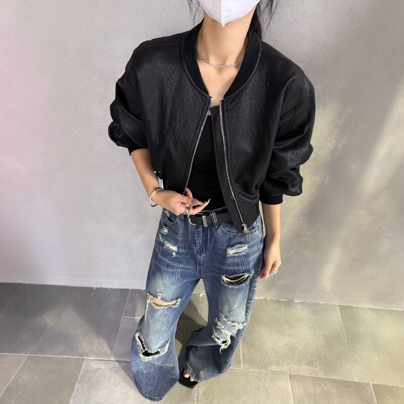机车风短款拉链皮外套女