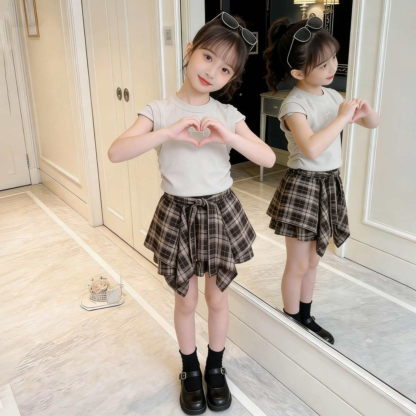 女童格子裙套装2026新款夏季儿童洋气短袖T恤时髦裙裤韩版两件套
