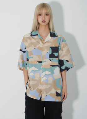 MSGM  意大利品牌 夏季百搭潮流迷彩设计宽松短袖衬衫男女同款