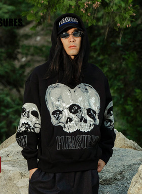 PLEASURES  创意双头骷髅印花设计连帽卫衣男女同款晕染加绒帽衫