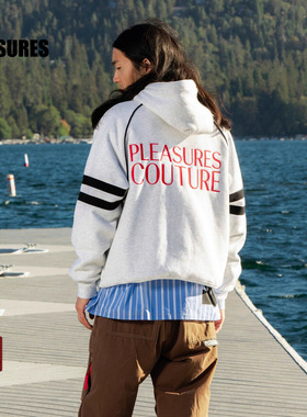 PLEASURES  字母logo刺绣连帽卫衣男女同款拼色袖管加绒套头衫