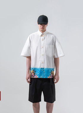 OVERFLOW 春夏休闲拼接印花翻领夏威夷风度假短袖衬衫POLO衫