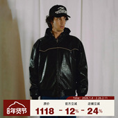 PLEASURES 3D连帽PU夹克男女同款 高街字母logo刺绣亮面皲皱外套