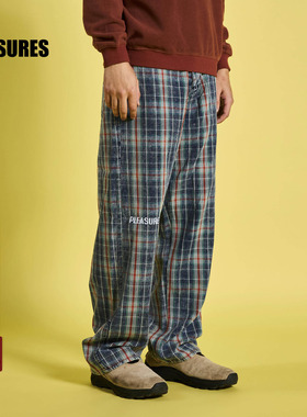 PLEASURES 格纹垂感直筒裤男复古高街哑光缎纹刺绣全棉格子休闲裤