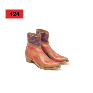 【美国品牌】424 26SS 滚石联名印花撞色牛皮做旧切尔西牛仔靴