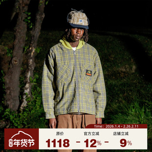 PLEASURES  拼色logo贴布格子格纹连帽夹克男女同款50%羊毛外套