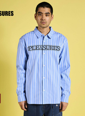 PLEASURES  美式字母logo条纹牛津衬衫男女同款摇滚DJ印花翻领