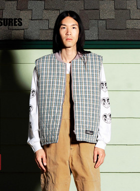 PLEASURES  字母logo装饰双面穿马甲男格纹格子拼色PU皮革棉背心