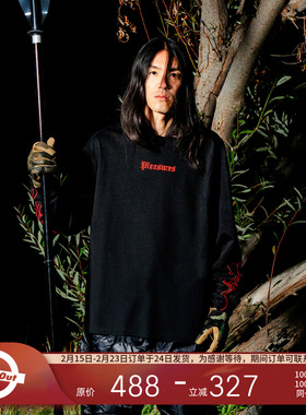 PLEASURES  袖管火焰图案刺绣长袖T恤男女同款全棉撞色高街设计感