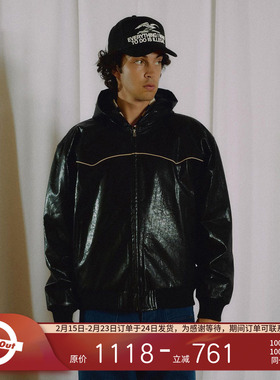 PLEASURES  3D连帽PU夹克男女同款高街字母logo刺绣亮面皲皱外套