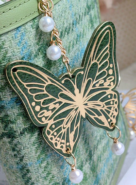 QY 真皮化蝶烫金墨绿Mbox手工手帐挂件装饰吊牌INS欧美风活页挂件