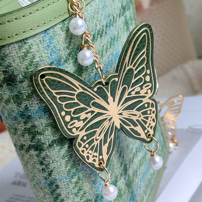 QY 真皮化蝶烫金墨绿Mbox手工手帐挂件装饰吊牌INS欧美风活页挂件