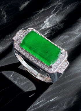 天然翡翠A货冰种翡翠戒指64时尚百搭玉石925银镶嵌满绿色翡翠戒指