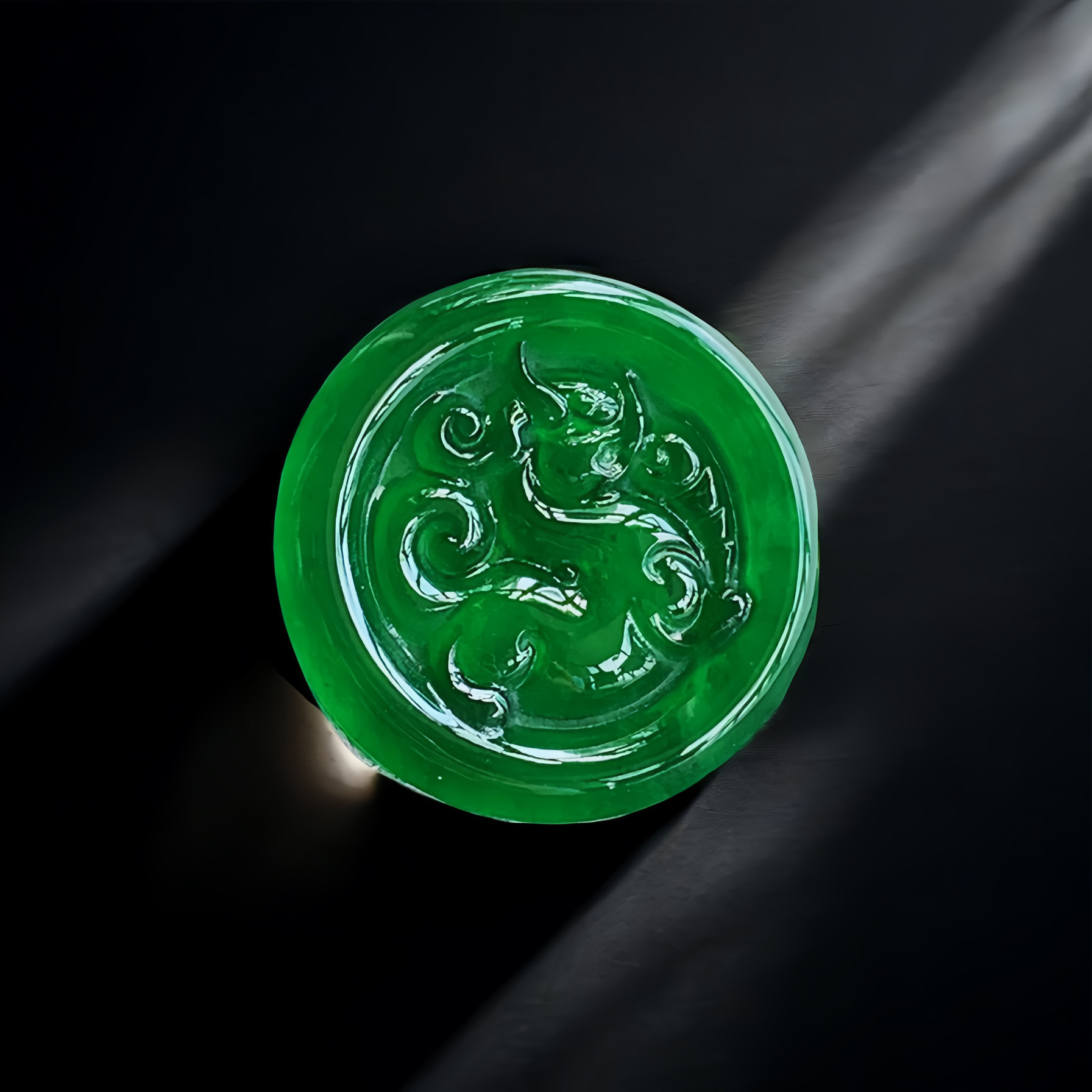 天然a货翡翠麒麟龙牌镶嵌件1.9时尚珠宝精雕绿色冰种设计款玉吊坠