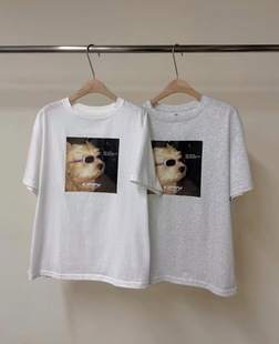 现 韩国东大门PLATE2025夏季新款可爱墨镜小狗短袖T恤