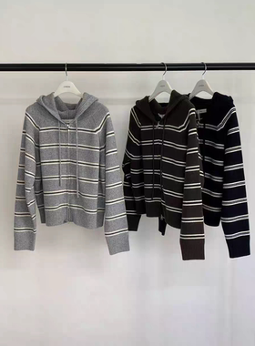 现清 韩国东大门jinsim女25秋新款韩系慵懒连帽撞色条纹针织毛衣