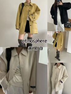 1现 25秋冬新款韩国东大门atmosphere纯色翻领宽松毛呢大衣外套