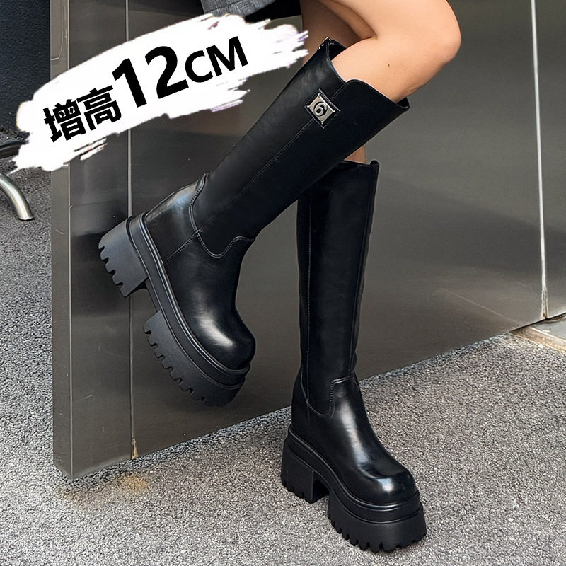 9778-10厚底增高长筒靴女2025新款早秋季黑色骑士靴小个子不过膝