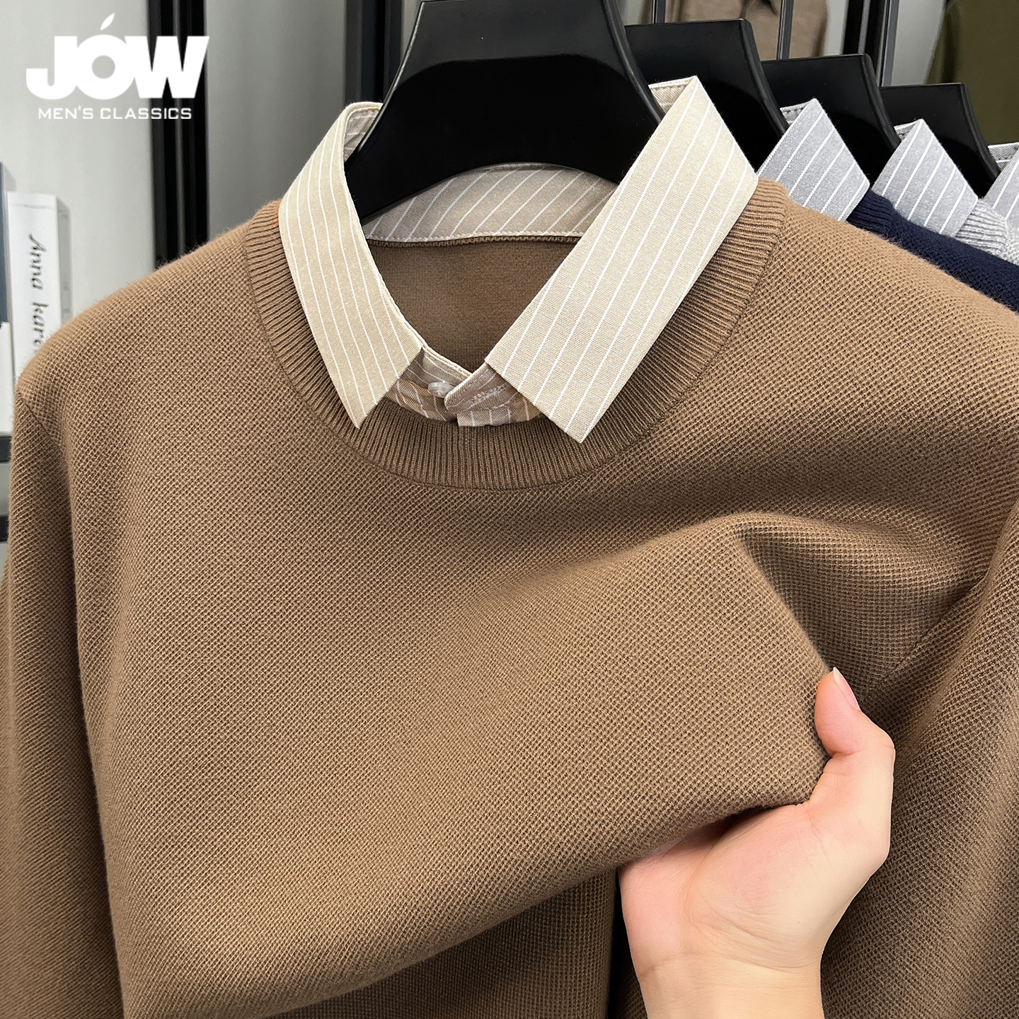 假两件衬衫领毛衣男秋冬打底衫