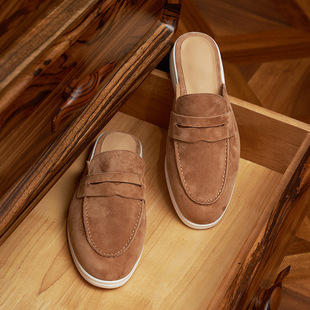 LP进口羊反绒面平底一脚蹬乐福鞋包头半拖穆勒鞋男休闲舒适拖鞋