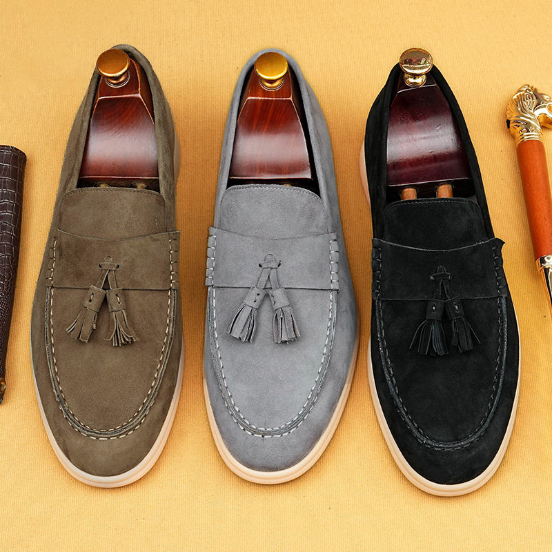 2025新款夏季流苏乐福鞋男真皮一脚蹬懒人豆豆鞋翻毛软皮软底皮鞋