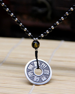 银饰S925纯银平安扣吊坠黑曜石银珠项链挂件925纯银饰品男女款