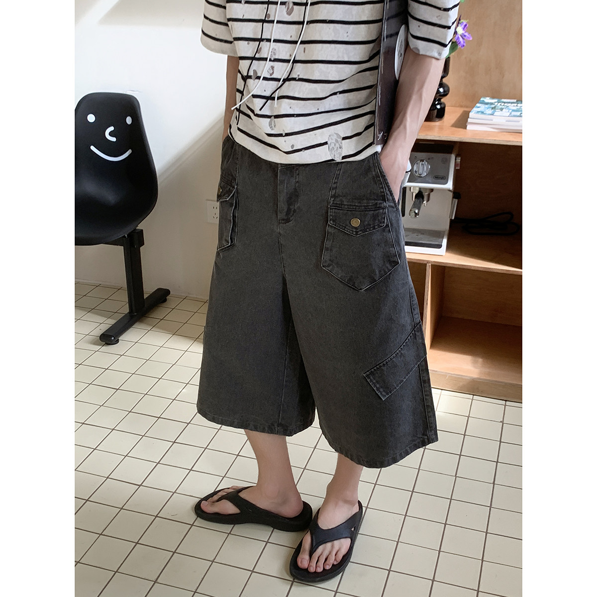 白口阳【西西里的夜晚】高街七分阔腿裤 复古多口袋牛仔短裤男生