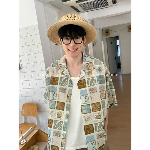白口阳【撒哈拉拼图】亚麻混纺度假风衬衫复古印花莫兰迪色调上衣