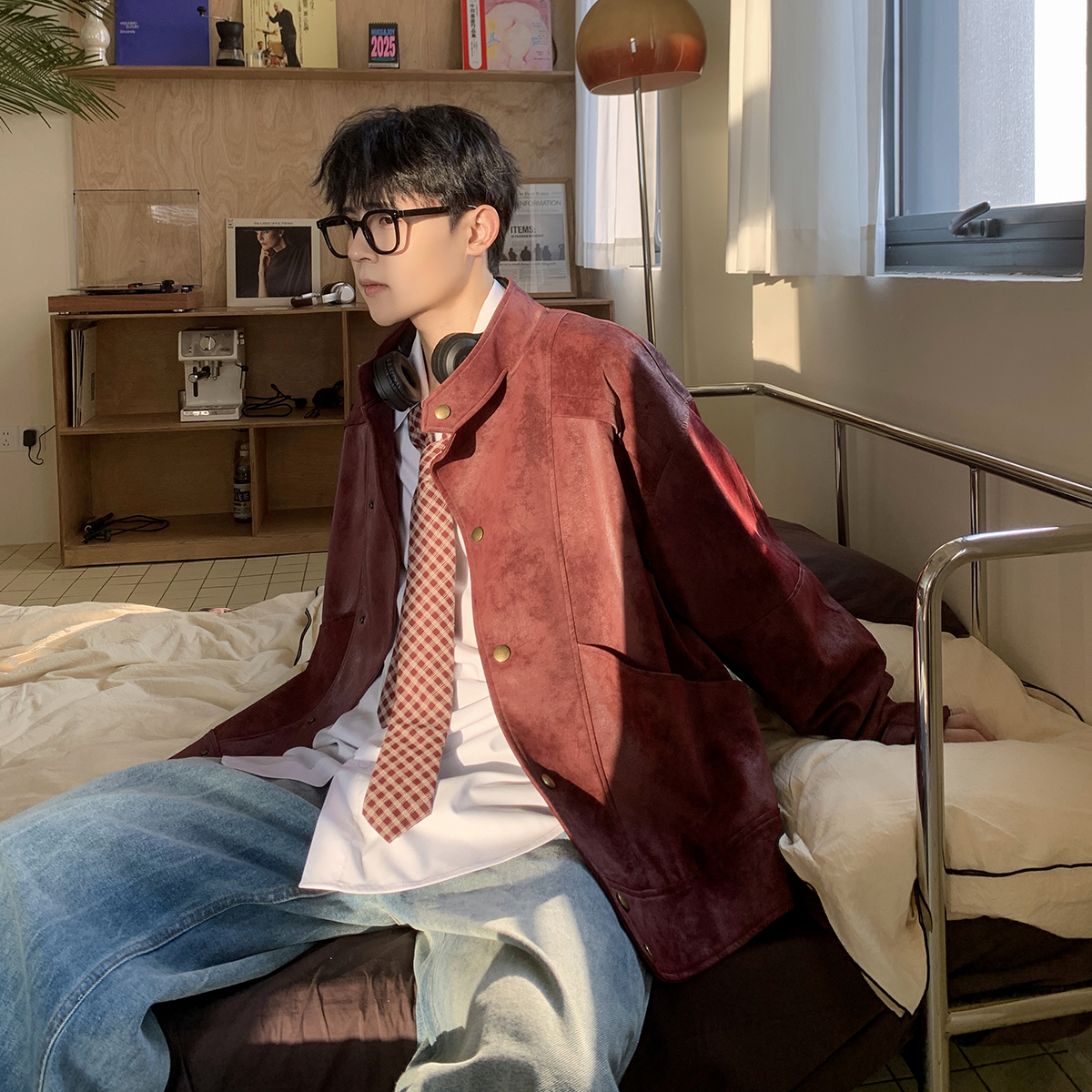 立领廓形肌理感PU皮夹克