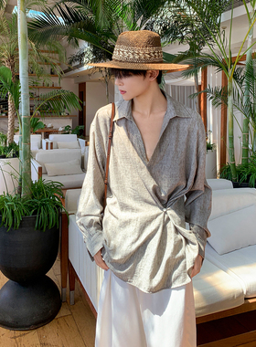 白口阳【布莱尔】灰色松弛感衬衫 麻感不规则衬衣男2025年新秋装