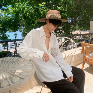 日落维纳斯 长袖 贴布涂鸦线条白衬衫 百搭宽松基础款 秋季 白口阳