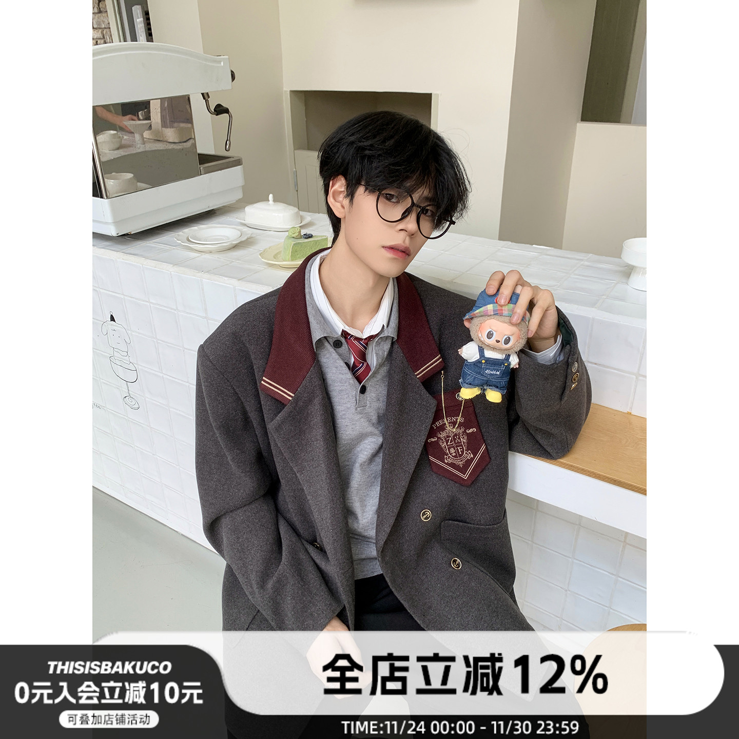 学院风酒红徽章西装外套