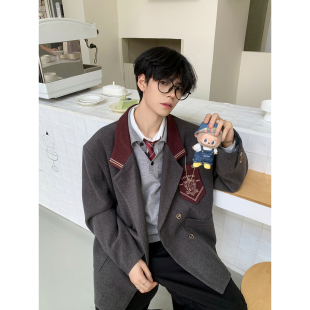 泥料加厚撞色酒红徽章西装 英伦学院风 外套男 魔法学院 白口阳