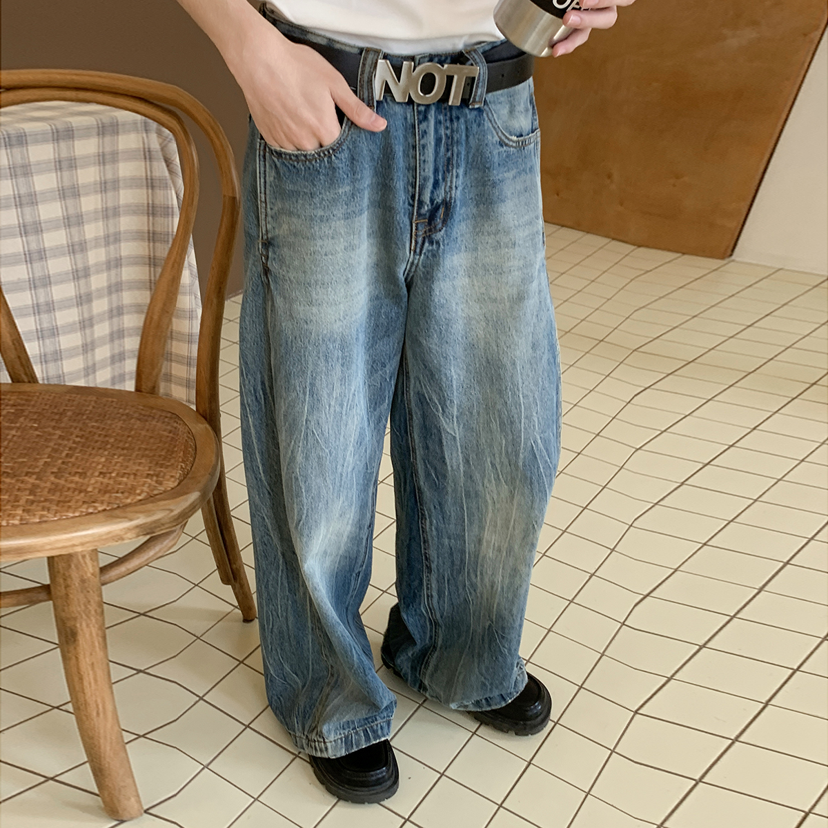 白口阳高街水洗牛仔裤长裤