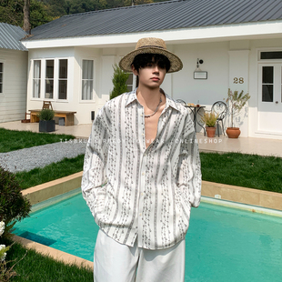 岛屿天堂 2026新款 度假风白色复古碎花衬衫 男生夏季 薄款 白口阳