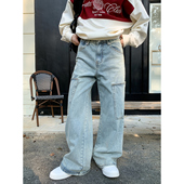 未完成绅派 男秋季 痞帅伐木裤 牛仔裤 做旧廓形口袋工装 白口阳